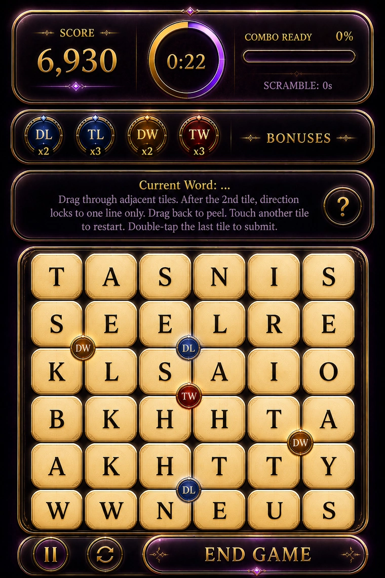Jumbler gameplay reference showing a word grid, bonus markers, a score and a timer.