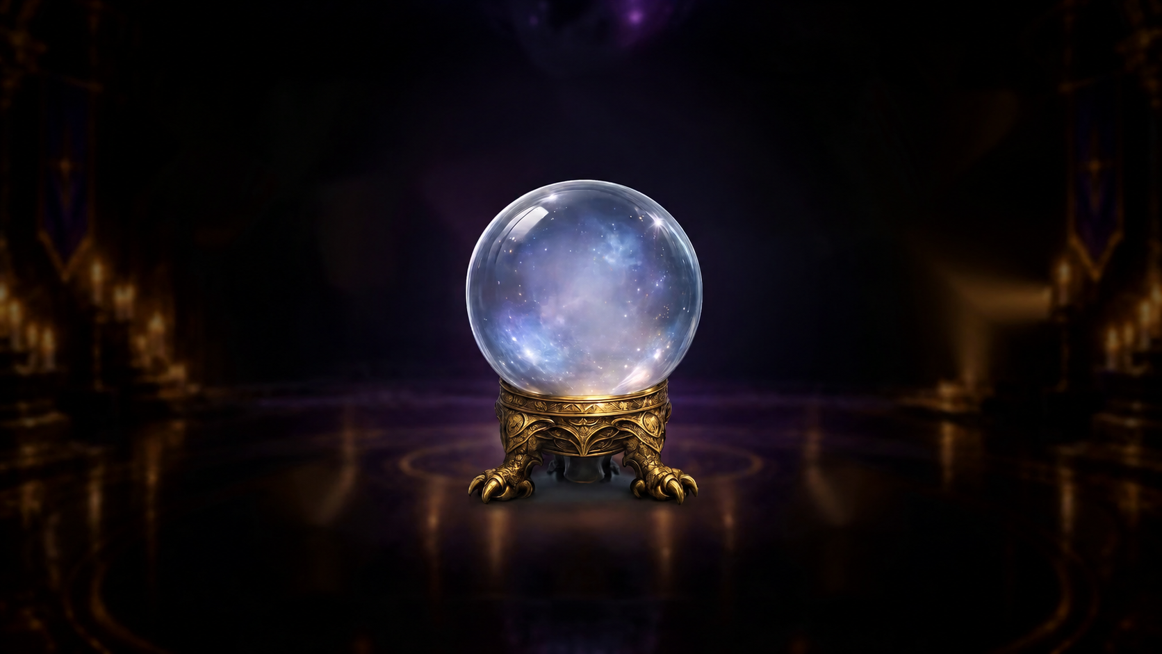 A glowing crystal orb in a dark magical library.